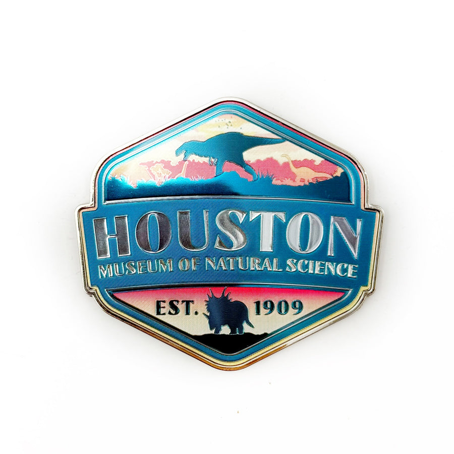 Hexagonal badge with 'Houston Museum of Natural Science' text and logo on a white background