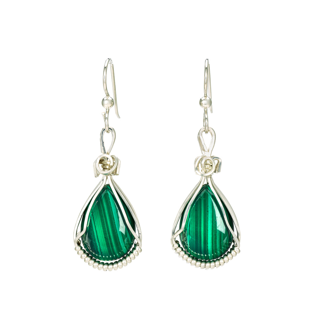 Malachite Drop Earrings, Sterling Silver Wire