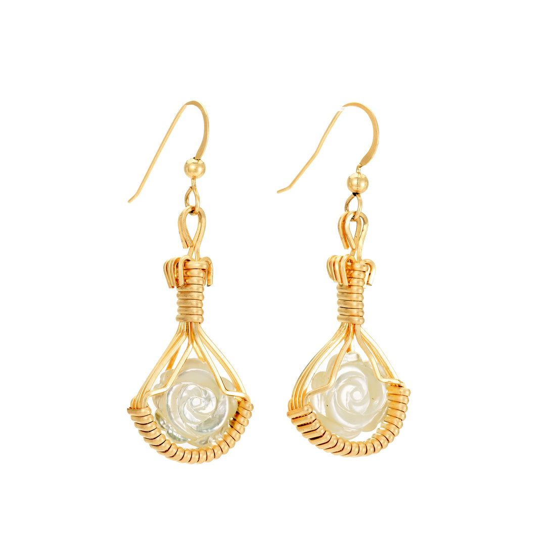 Mother of Pearl Carved Flower Earrings, 14k Gold-Fill Wire