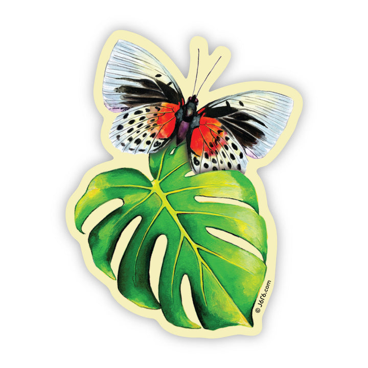 Butterfly on Monstera Leaf Vinyl Sticker