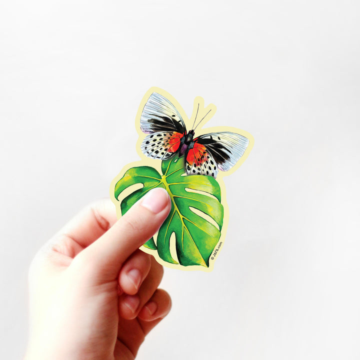 Butterfly on Monstera Leaf Vinyl Sticker