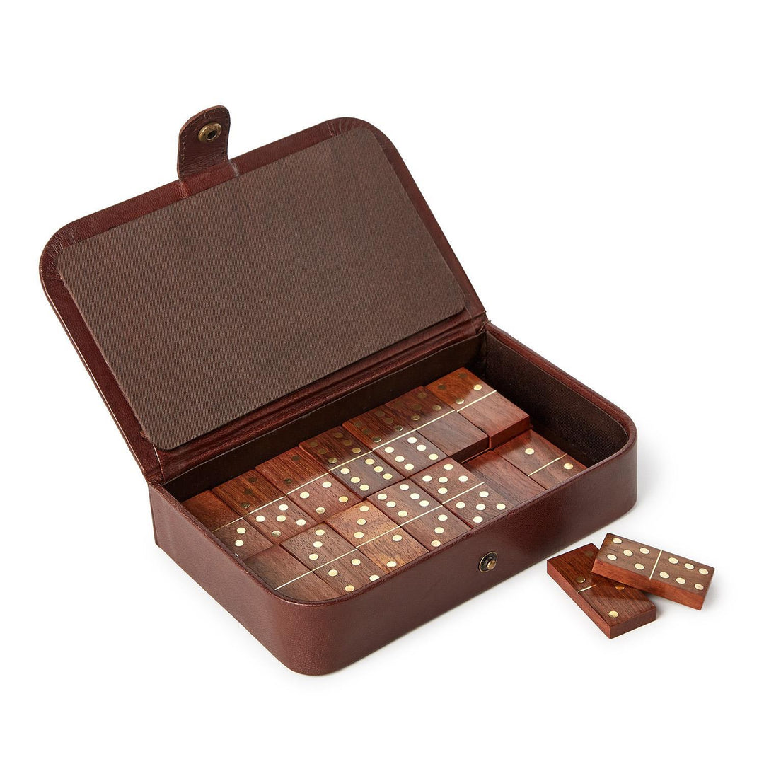 Genuine Leather Domino Set, 28 Wood Domino Pieces