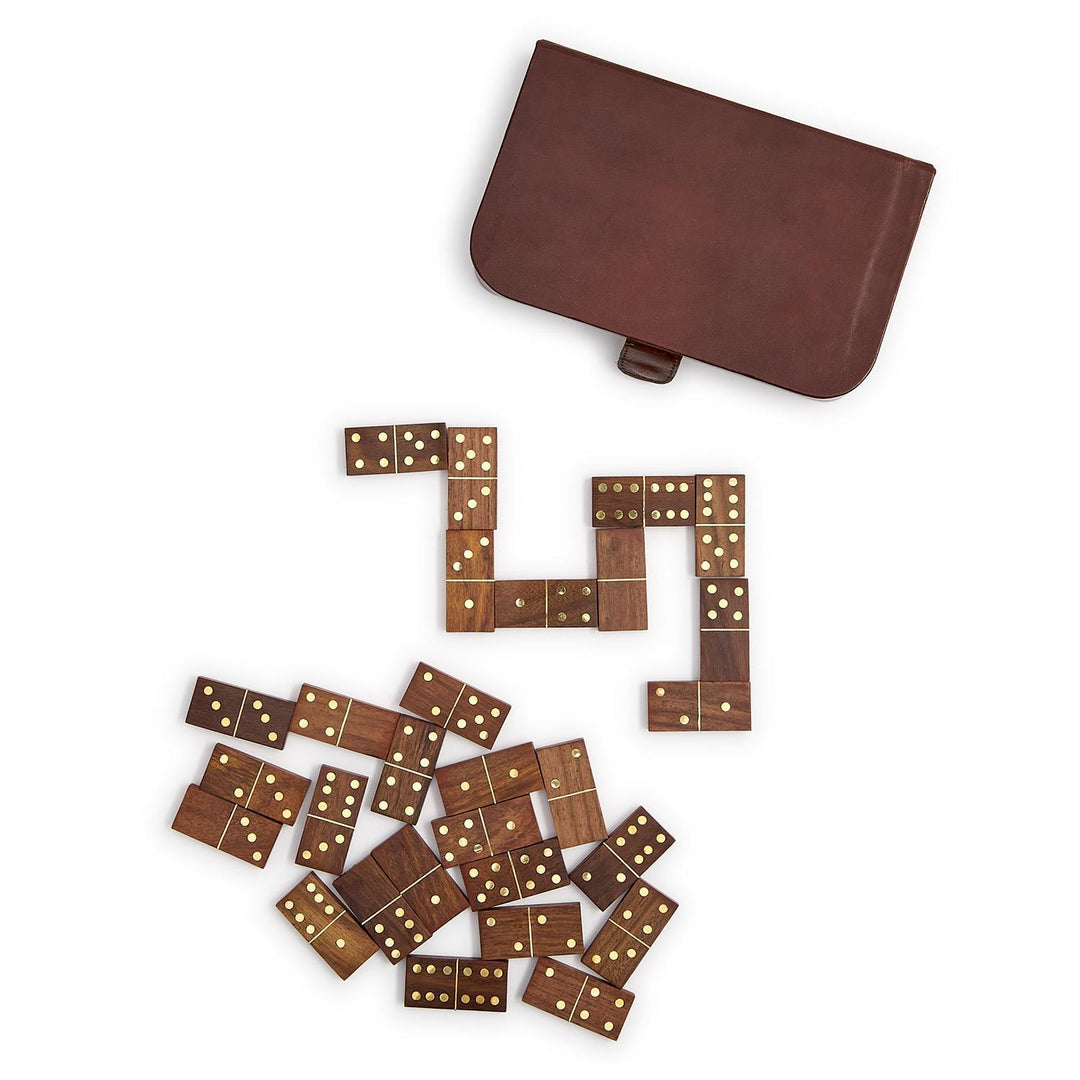 Genuine Leather Domino Set, 28 Wood Domino Pieces