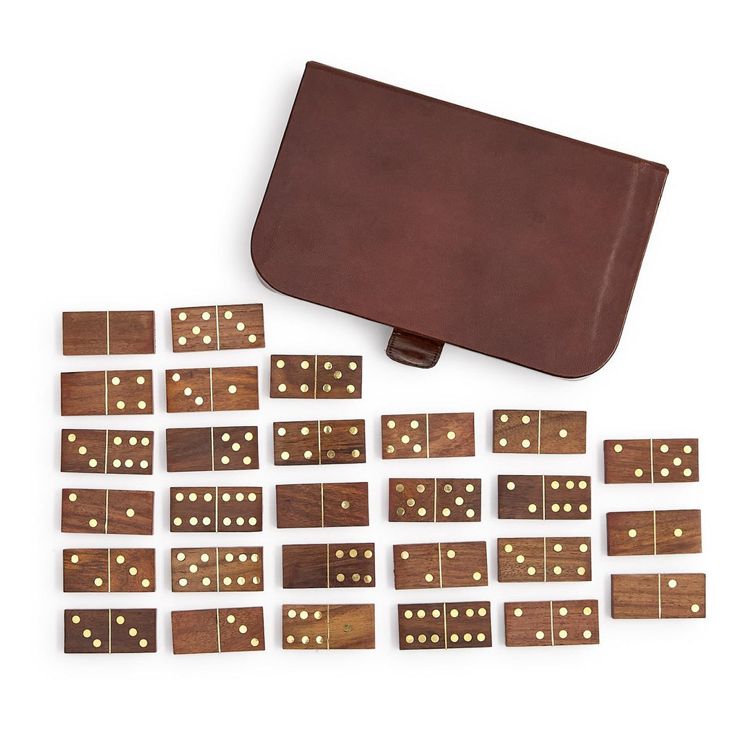 Genuine Leather Domino Set, 28 Wood Domino Pieces