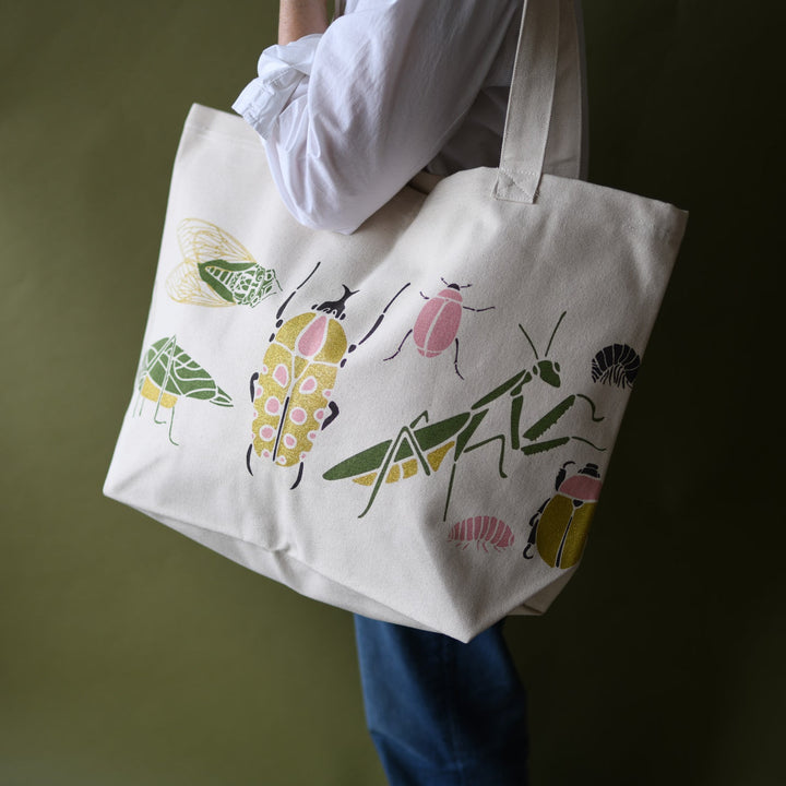 Illustrated Canvas Market Tote Bag, Insects & Butterflies