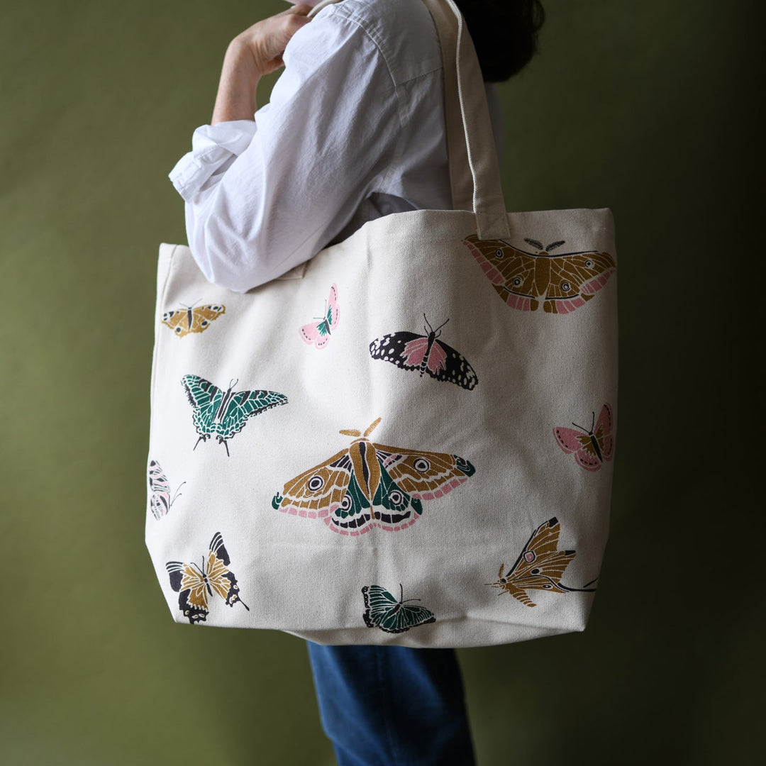 Illustrated Canvas Market Tote Bag, Insects & Butterflies