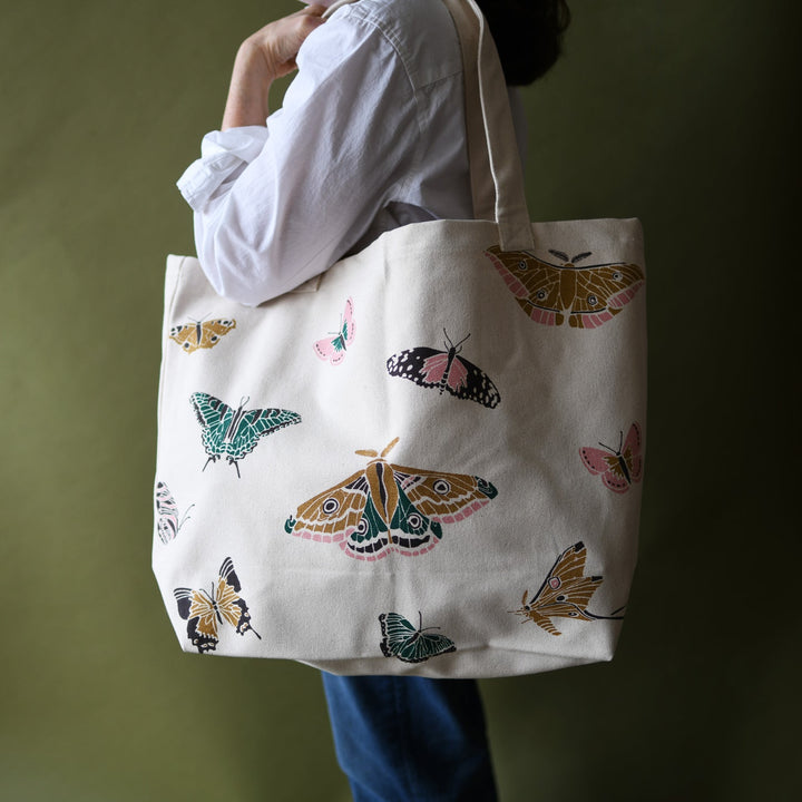 Illustrated Canvas Market Tote Bag, Insects & Butterflies