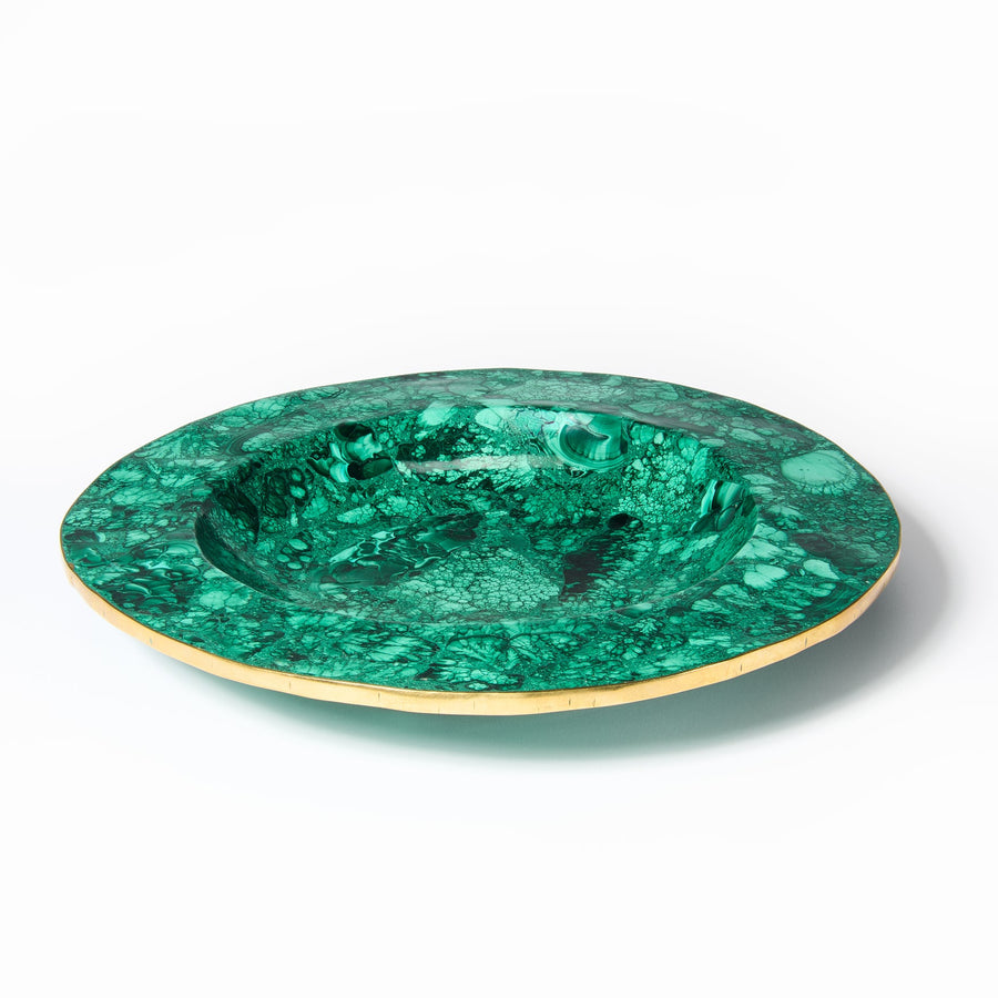 A round green malachite-patterned serving platter with a polished gold rim, photographed on a clean white background.