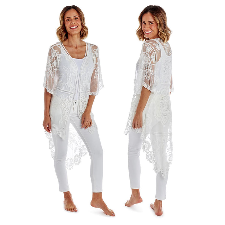 White High-Low Crochet & Lace Kimono