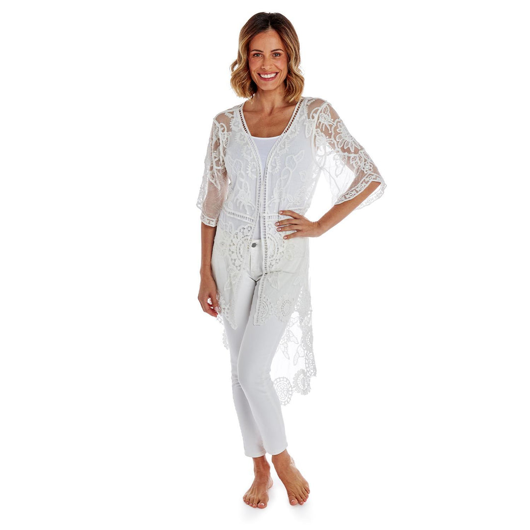 White High-Low Crochet & Lace Kimono