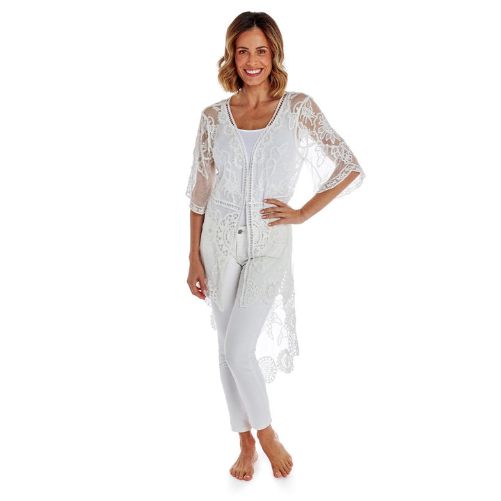 White High-Low Crochet & Lace Kimono
