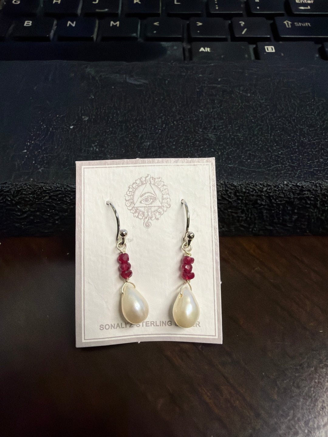 Freshwater Pearl with Ruby Earrings, Sterling Silver