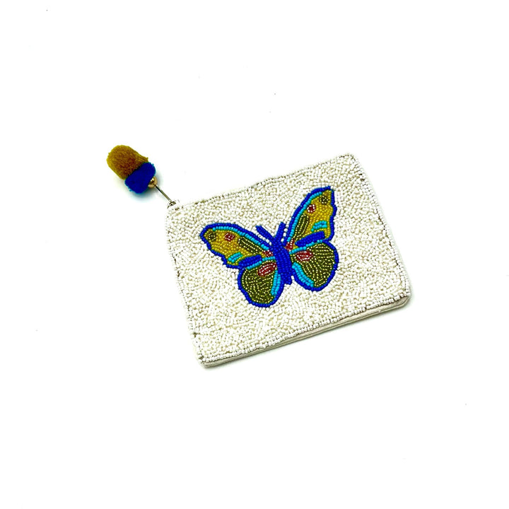 Beaded Butterfly Pouch with Pom-Pom Zipper