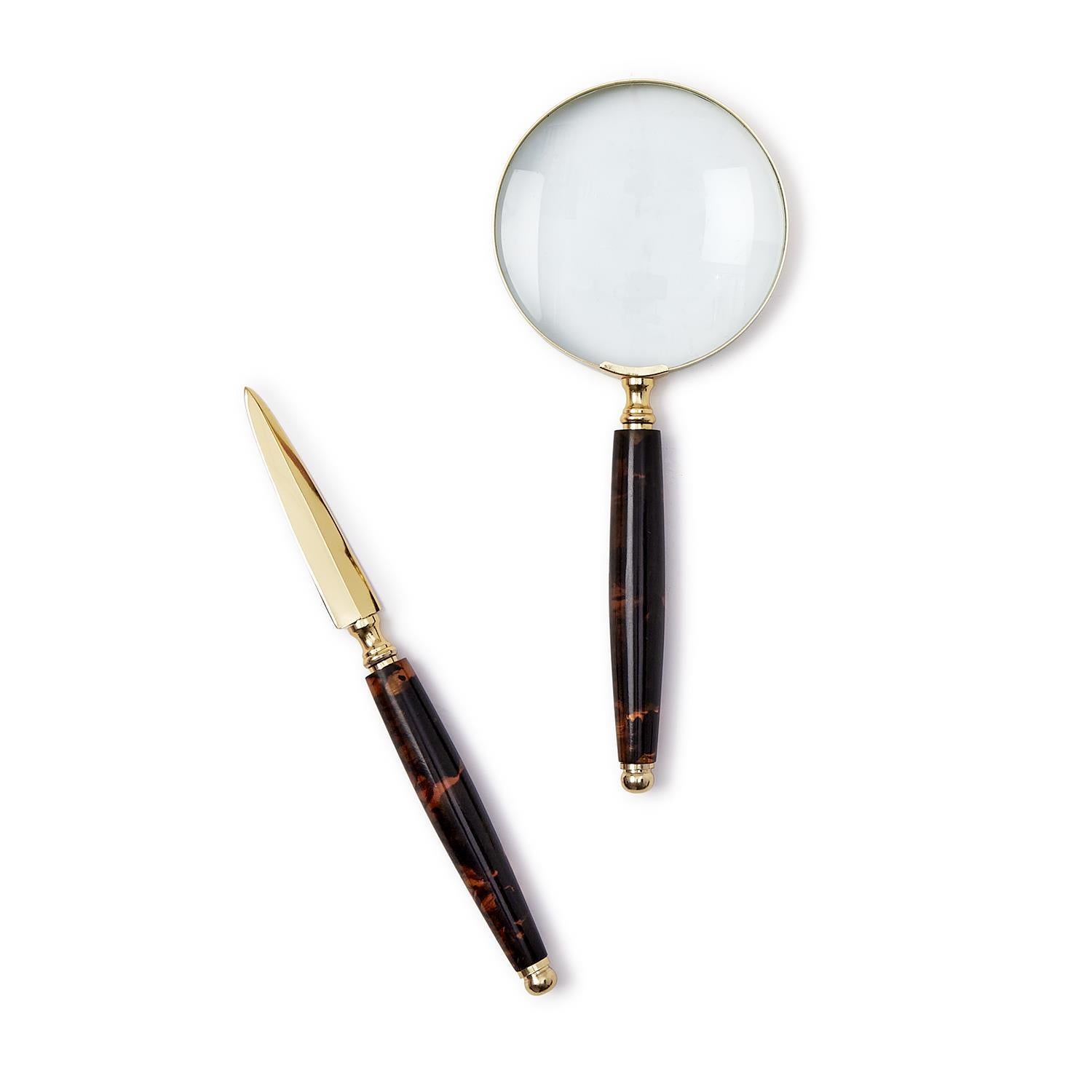 Tortoise Swirl Magnifier with 4x Magnification and Letter Opener Set