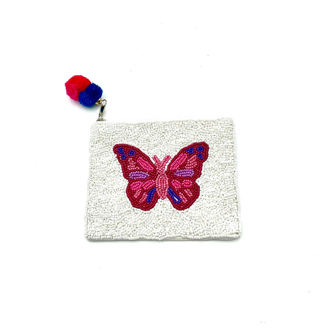 Beaded Butterfly Pouch with Pom-Pom Zipper