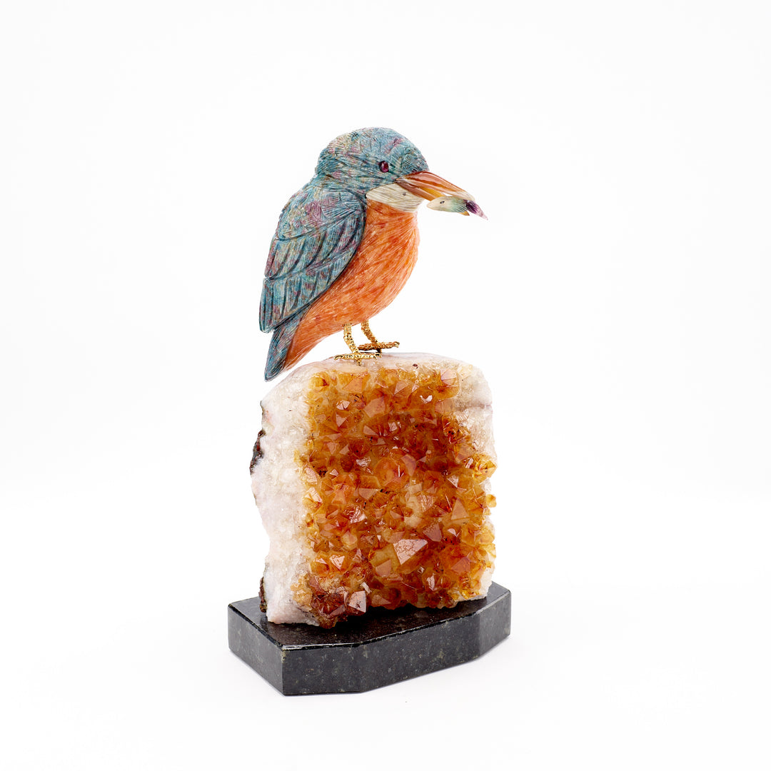 Ruby-Eyed Kingfisher on Citrine Gemstone Carving