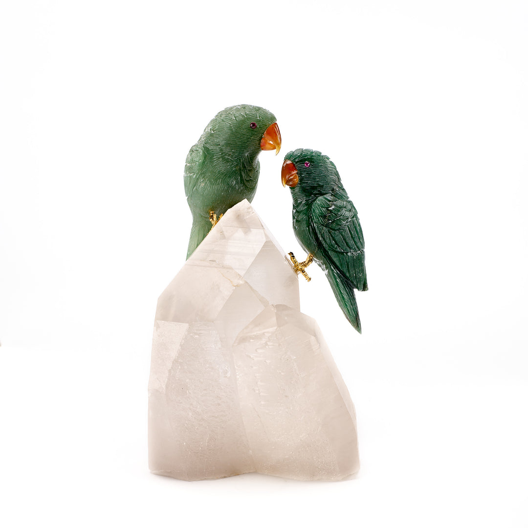 Green Parrot Pair on Quartz Gemstone Carving