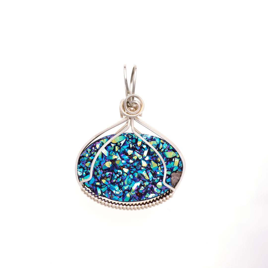 Teal Drusy Oval Wire Wrap Pendant