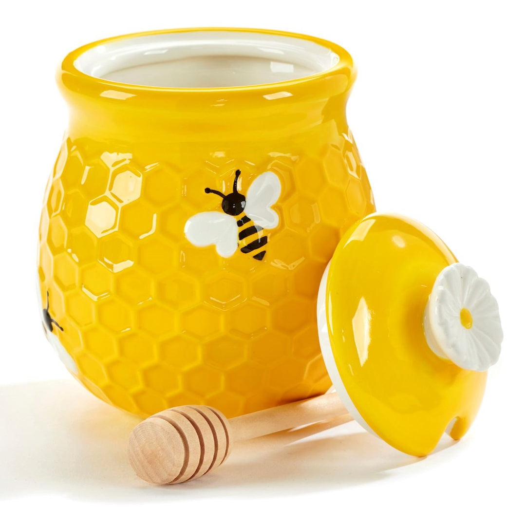 Bright Yellow Honeycomb Honey Pot with Wooden Dip