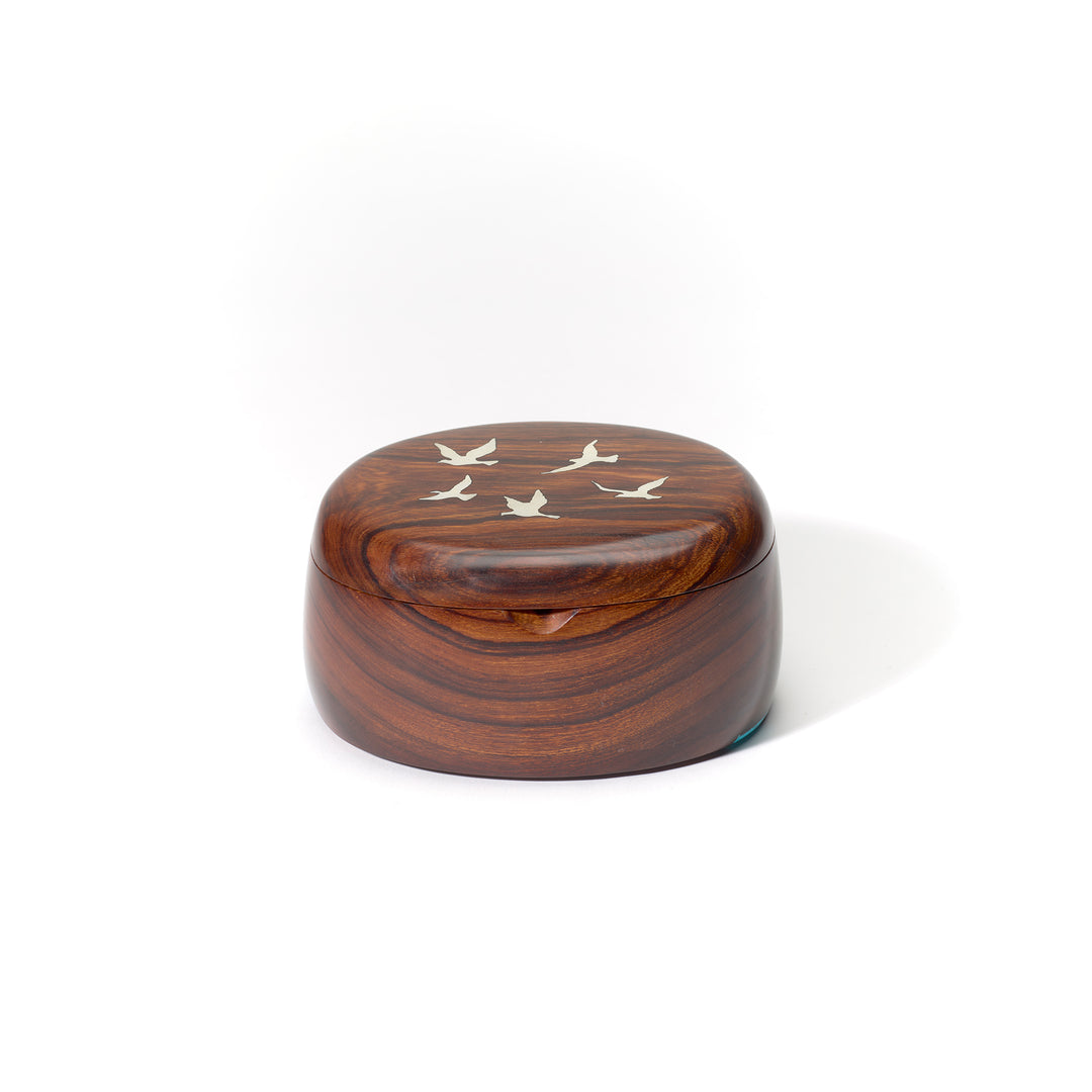 Round Ironwood Box with Five Silver Ducks