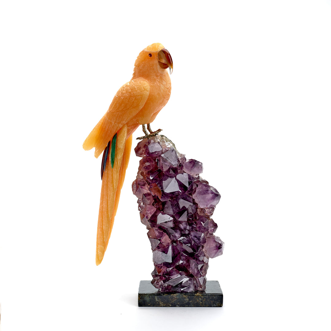 Tall Calcite Parrot on Amethyst Carving