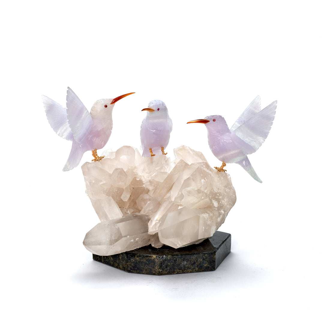 Light Lavender Fluorite Trio of Hummingbirds on Quartz Carving