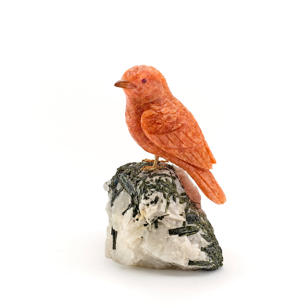 Orange Calcite Sparrow Carving on Schorl and Green Tourmaline