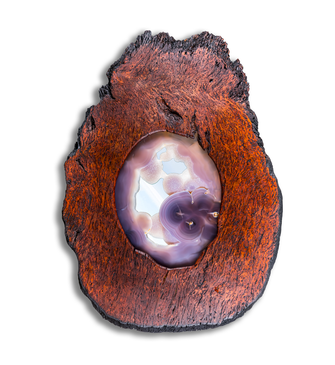 Old Growth Redwood Burl with Blue Druzy Quartz Stalactite Mirror