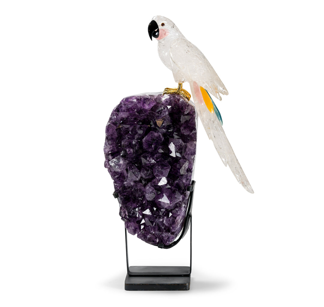 Quartz Crystal Macaw Carving on Amethyst