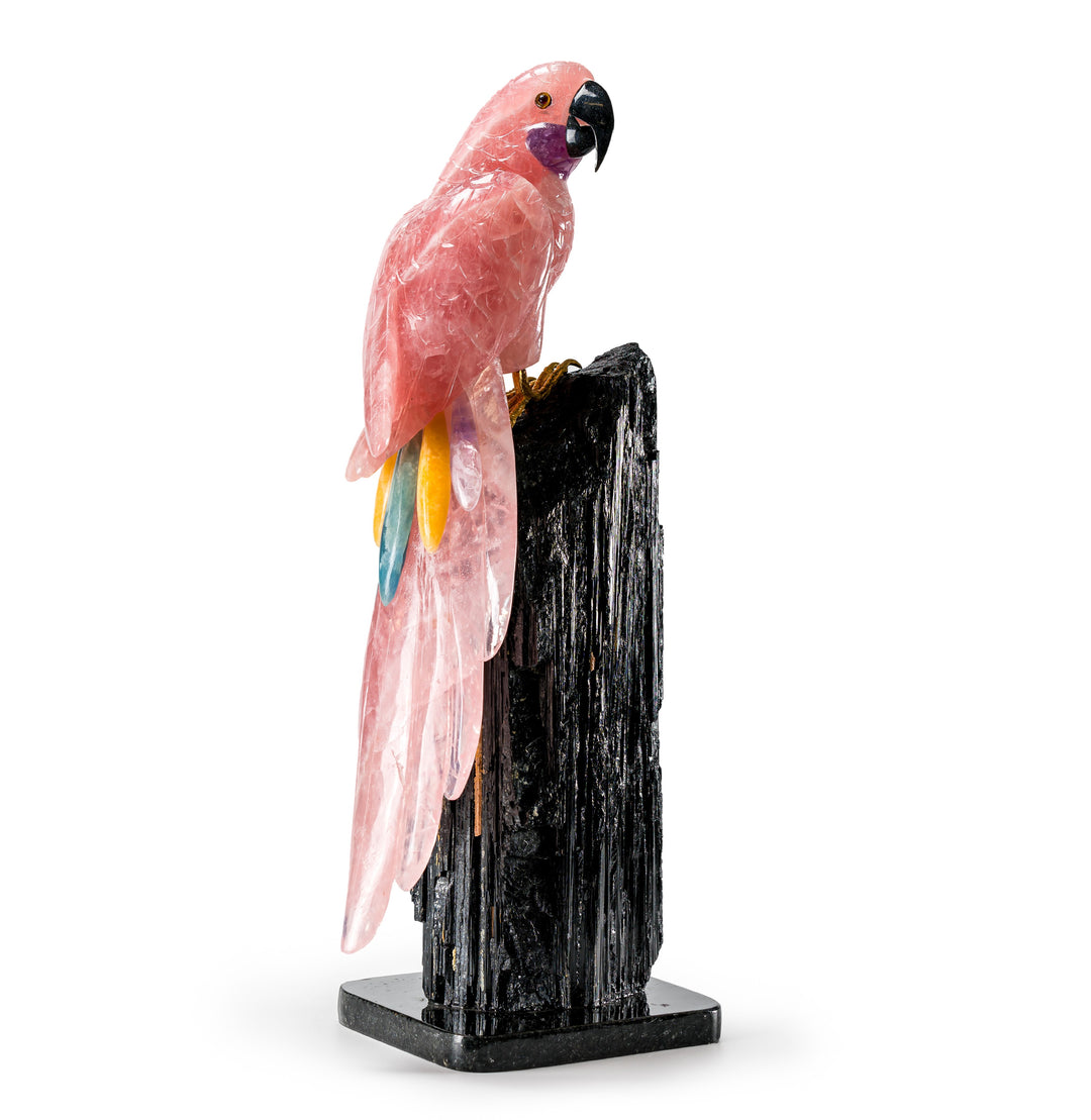 Rose Quartz Macaw Carving on Black Tourmaline