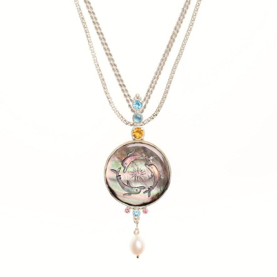 Black Mother of Pearl "Dolphins" Necklace