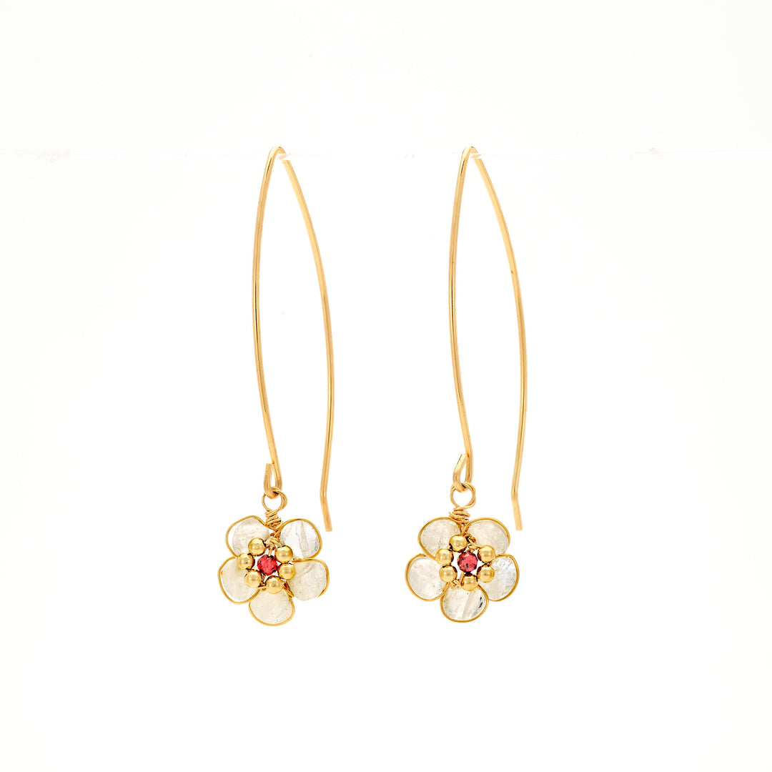 Rainbow Moonstone & Garnet Flower Drop Earrings