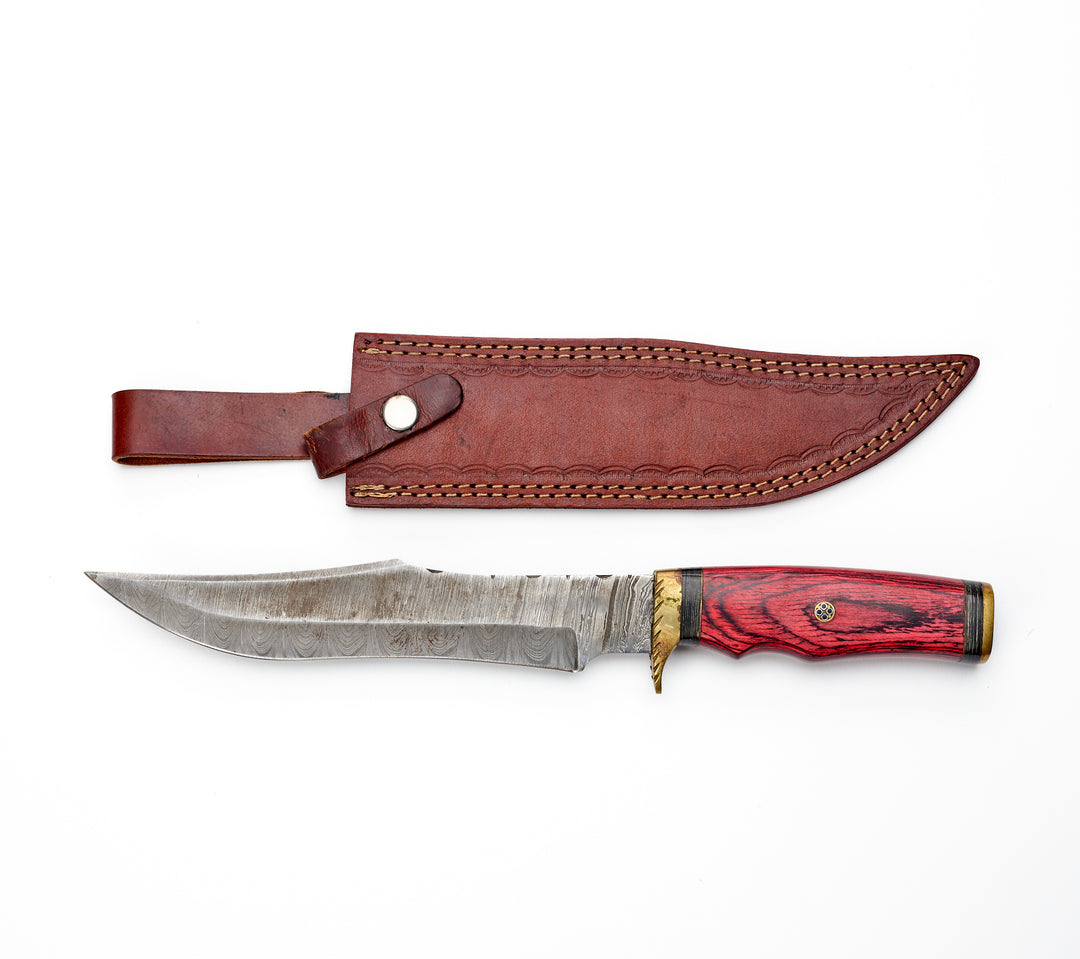 Wooden Handle Damascus Bowie Knife with Hand-Stamped Leather Sheath