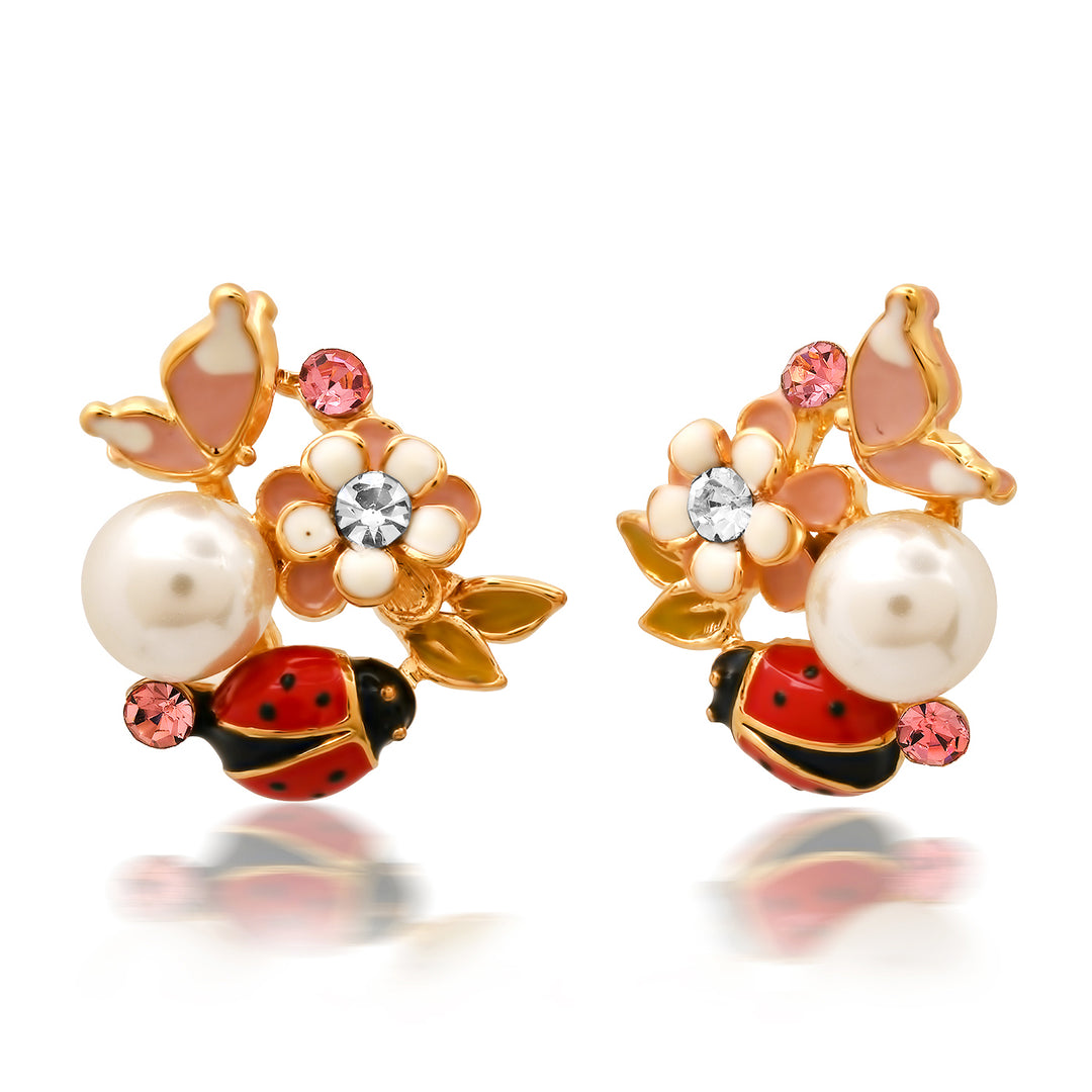 Enamel Ladybug Flower Cluster Studs