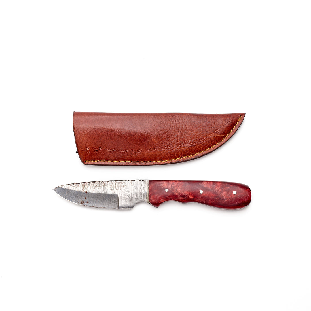 Red Resin Handle Damascus Skinner with Leather Sheath