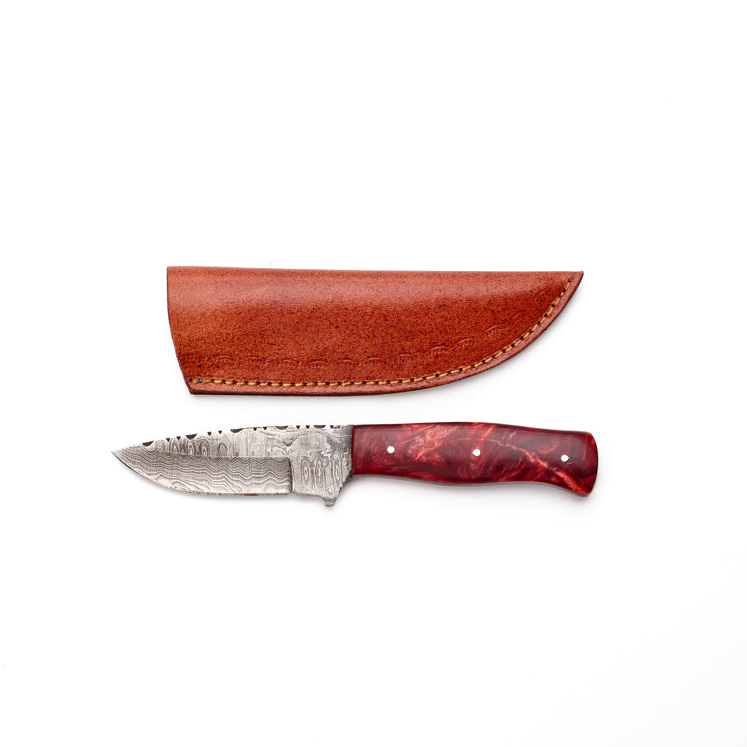 Red Resin Handle Damascus Skinner with Leather Sheath