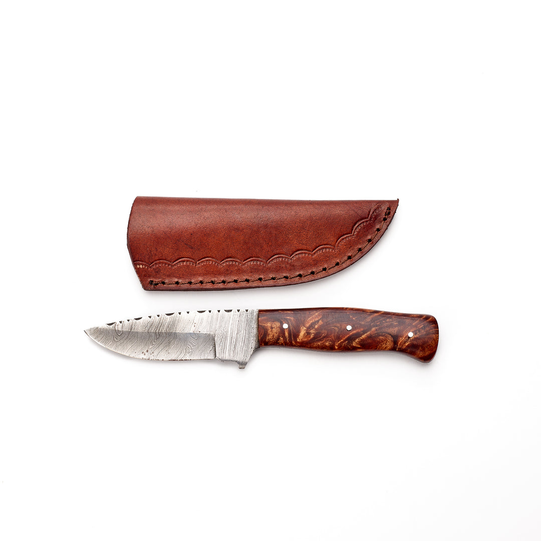Brown Resin Handle Damascus Skinner Knife with Leather Sheath