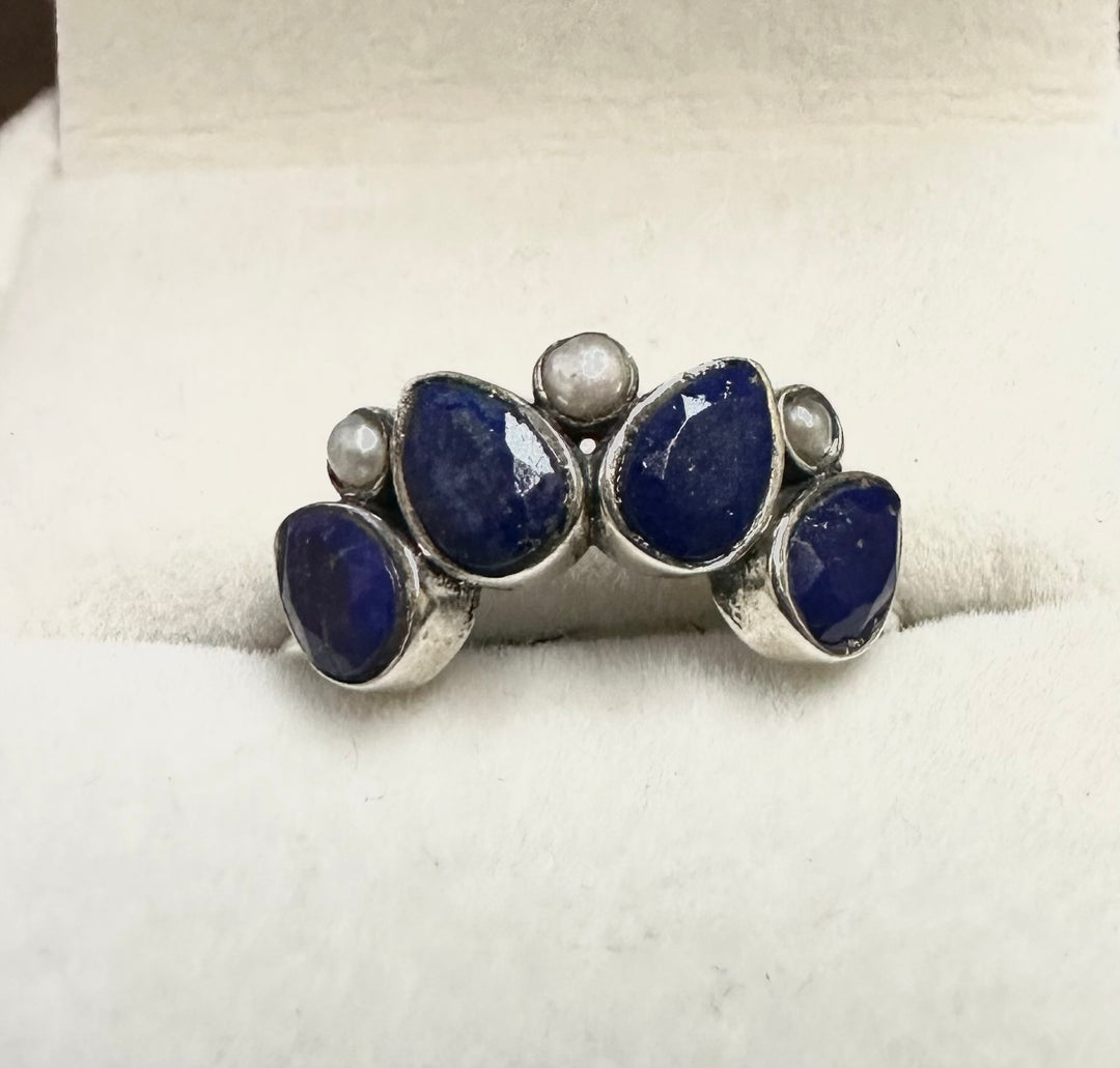 Teardrop Lapis with Pearl Ring