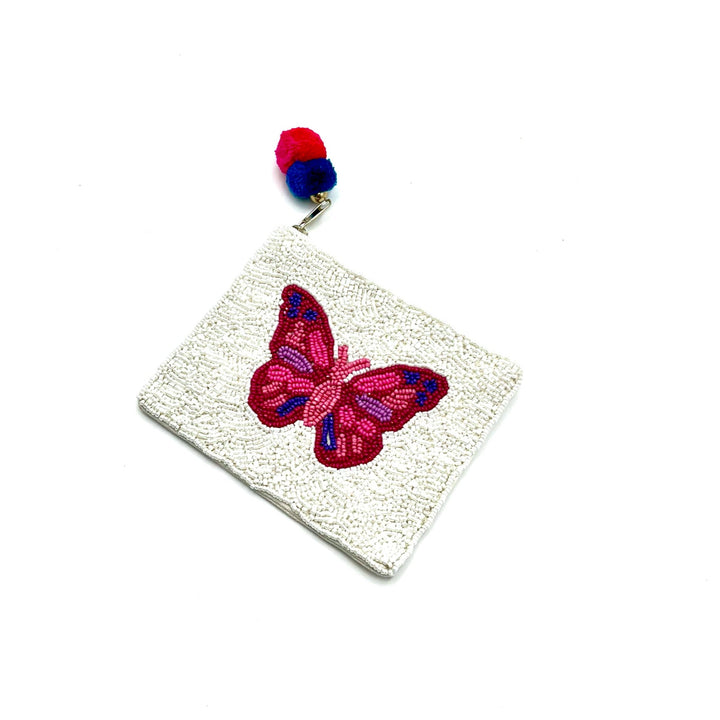 Beaded Butterfly Pouch with Pom-Pom Zipper