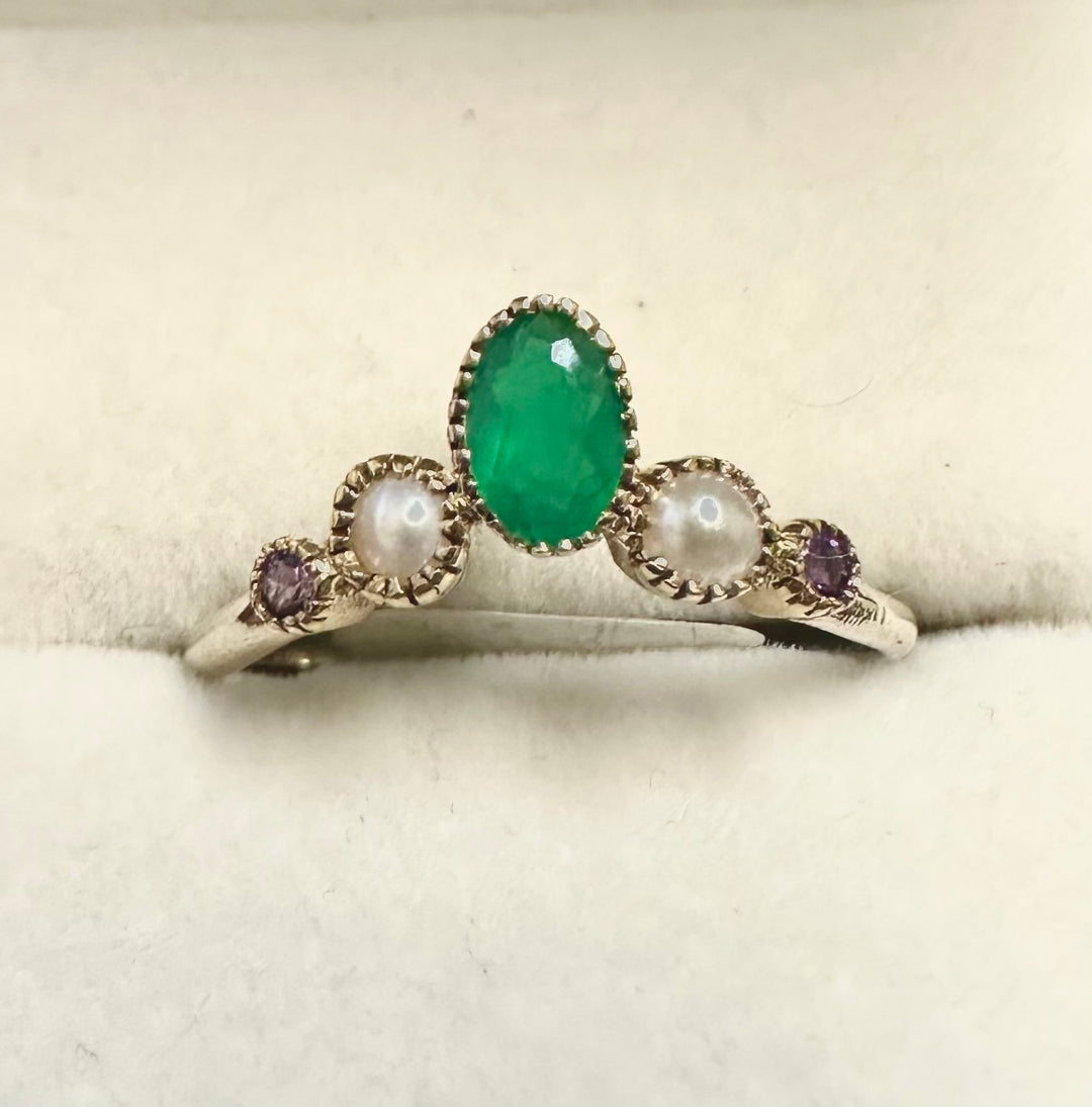 Emerald, Pearl, Amethyst in Brass Ring