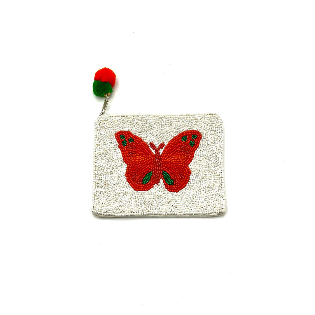 Beaded Butterfly Pouch with Pom-Pom Zipper