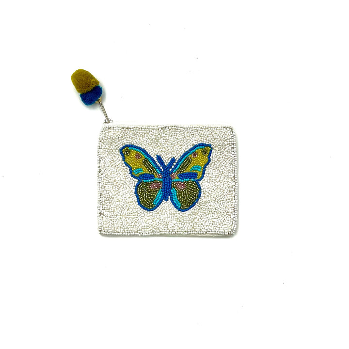 Beaded Butterfly Pouch with Pom-Pom Zipper