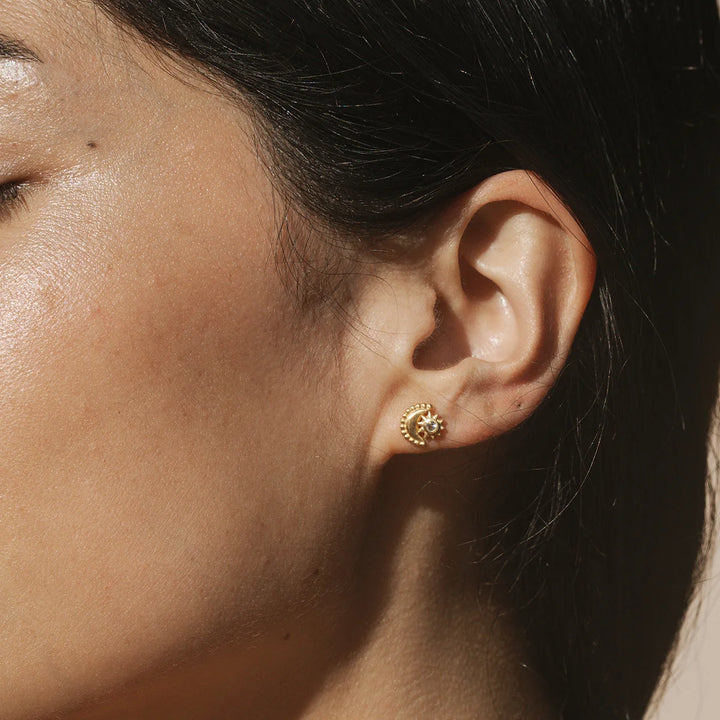 Moon and Star Celestial White Topaz Stud Earrings