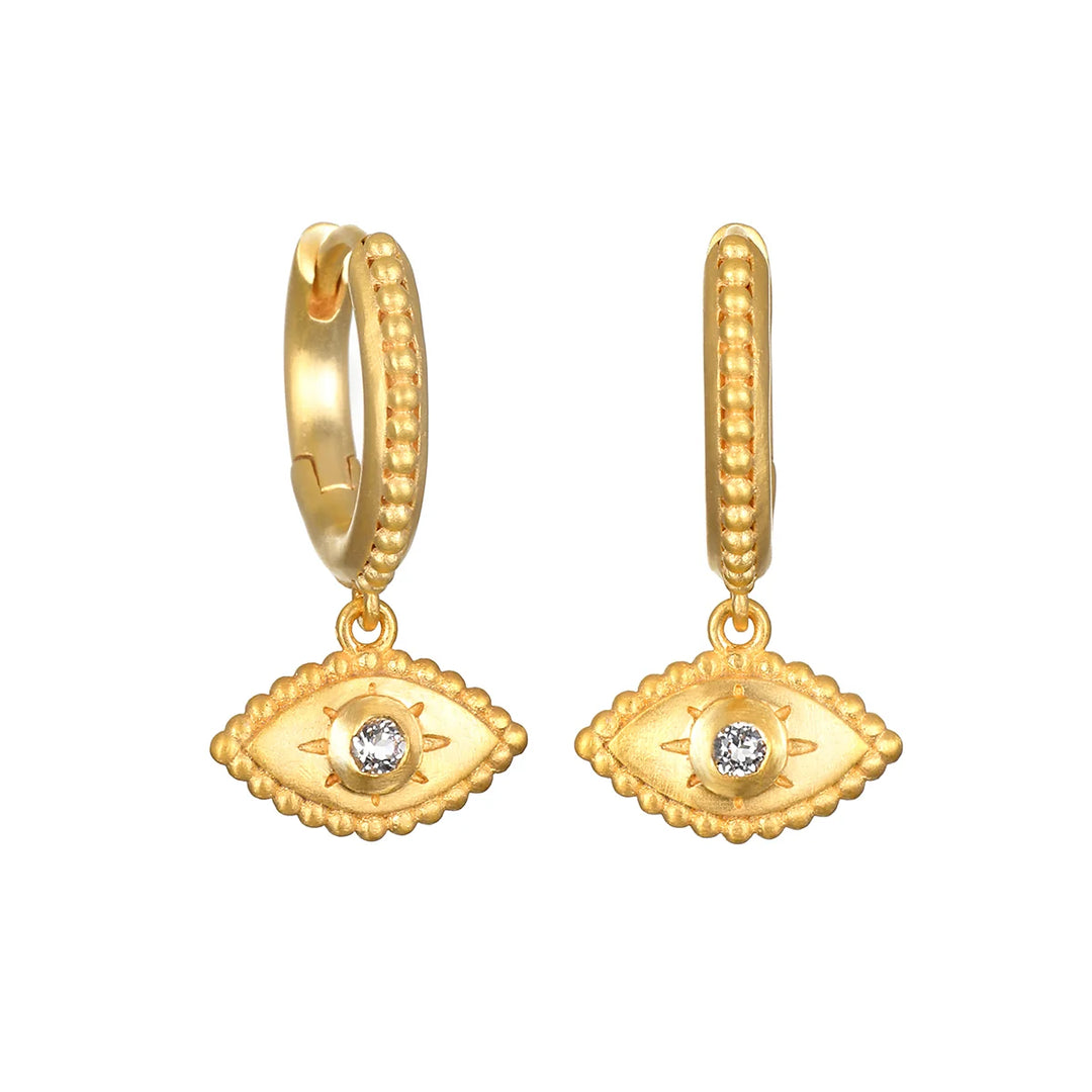 Evil Eye White Topaz Huggie Earrings