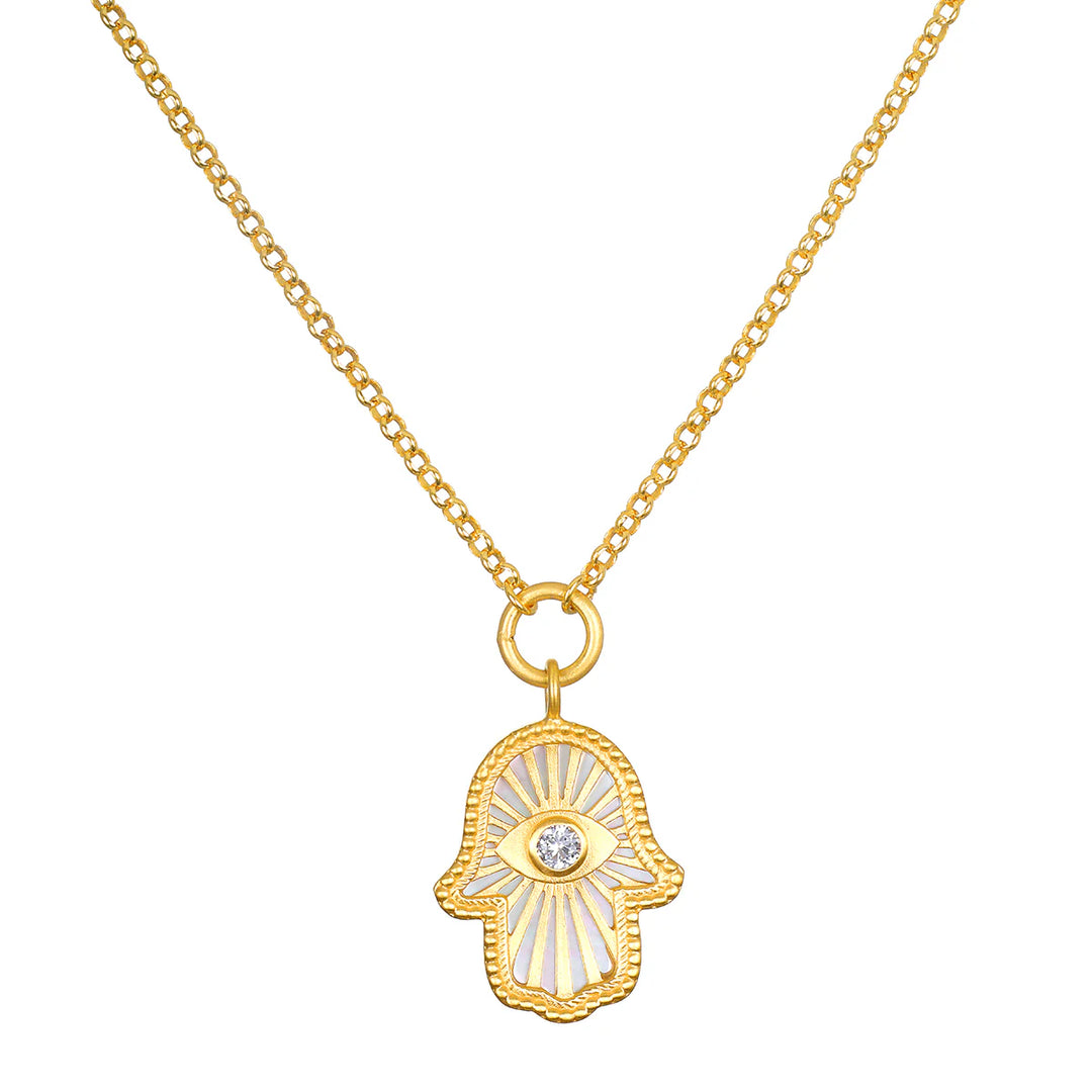 "Gaining Clarity" White Topaz & Mother of Pearl Hamsa Reversible Necklace