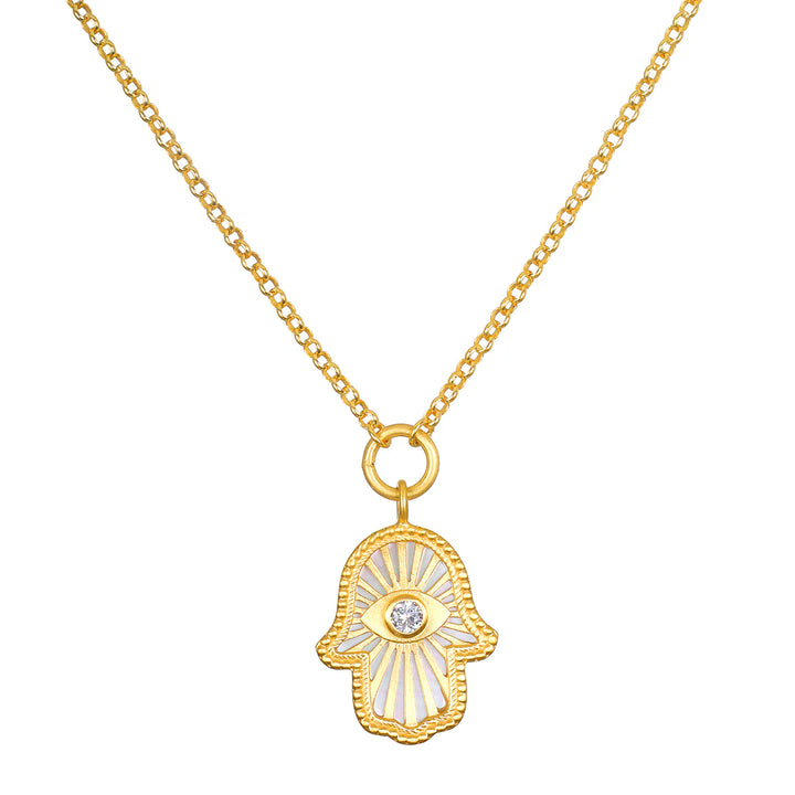 "Gaining Clarity" White Topaz & Mother of Pearl Hamsa Reversible Necklace