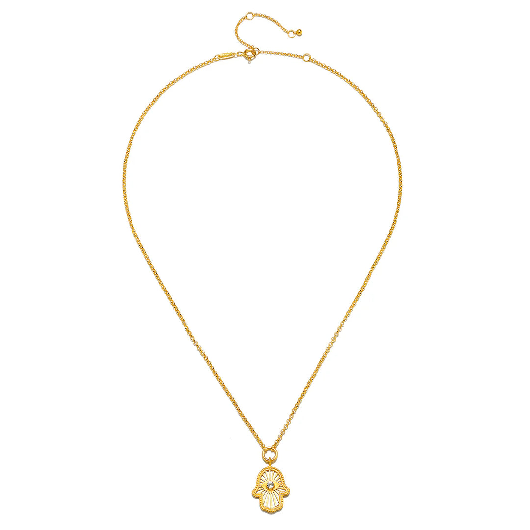 "Gaining Clarity" White Topaz & Mother of Pearl Hamsa Reversible Necklace