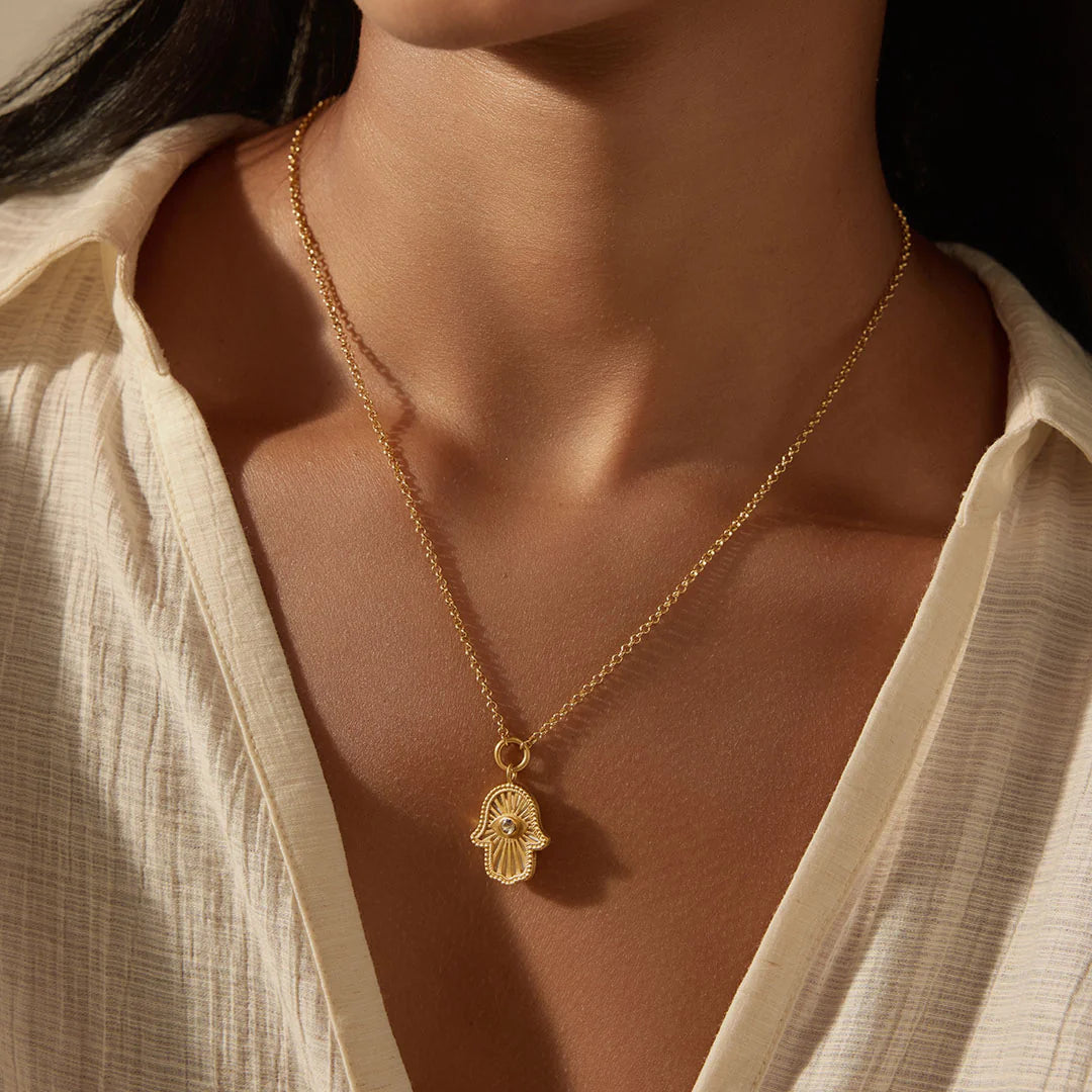 "Gaining Clarity" White Topaz & Mother of Pearl Hamsa Reversible Necklace