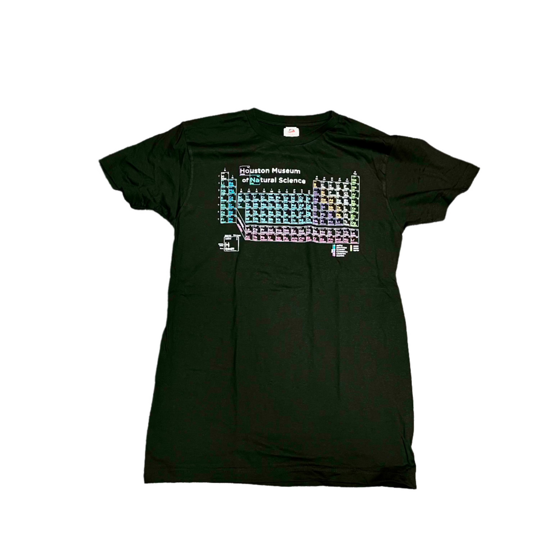 A colorful periodic table adorns the upper half of the black shirt