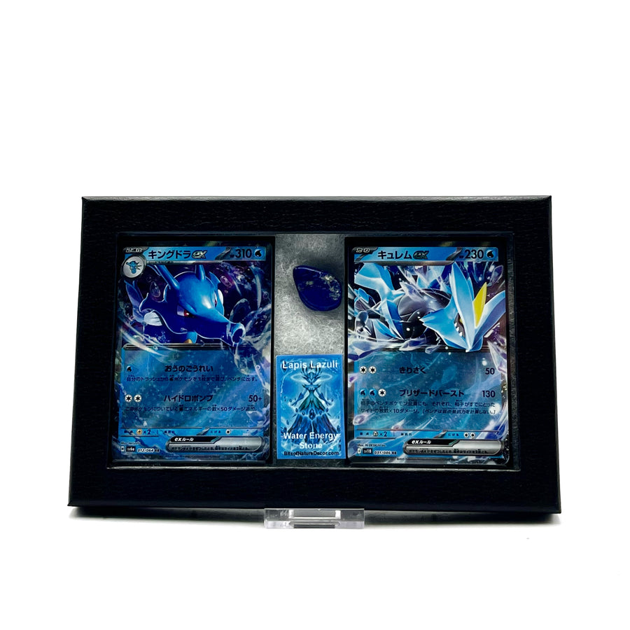 Two Japanese Pokemon trading cards, featuring Kingdra and Kyurem in a display case on a white background